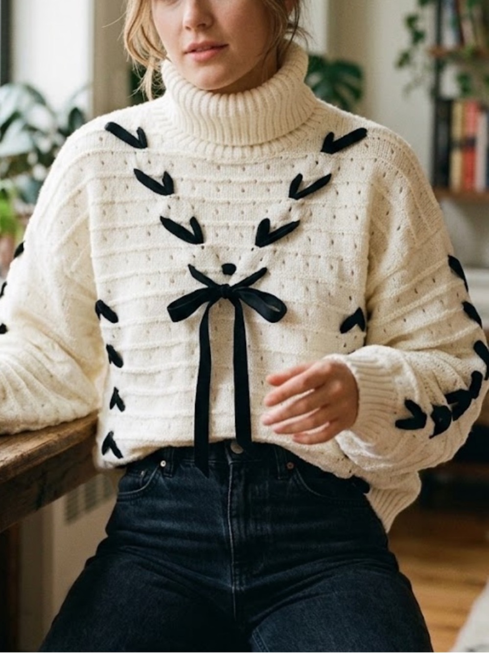 Ribbons & bows! Cozy Cream Turtleneck Sweater with Black Ribbon ! New! S